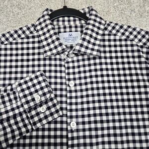 Mizzen‎ + Main shirt men Medium trim fit L/S Navy blue white check gingham